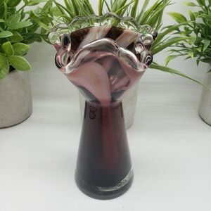 Lefton Vintage Amethyst White and Pink Swirl Ruffled Top Art Glass Vase